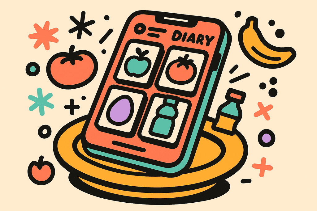 A cartoon neo-brutalist illustration of a stylized smartphone with a dynamic, chunky food diary app interface on its screen—showing playful, oversized icons of common foods like a mint green apple, coral red tomato, lavender purple egg, teal water bottle, and a warm yellow-orange banana, all arranged on white card surfaces with thick black offset borders. The phone rests atop a rounded, chunky plate, surrounded by floating, bold geometric food icons and playful abstract shapes in the accent palette. Set on a warm cream (#FFFAF1) background. No characters, text, or humans. The mood is energetic, vibrant, and inviting, emphasizing a sense of speed and simplicity in food tracking for a busy lifestyle.