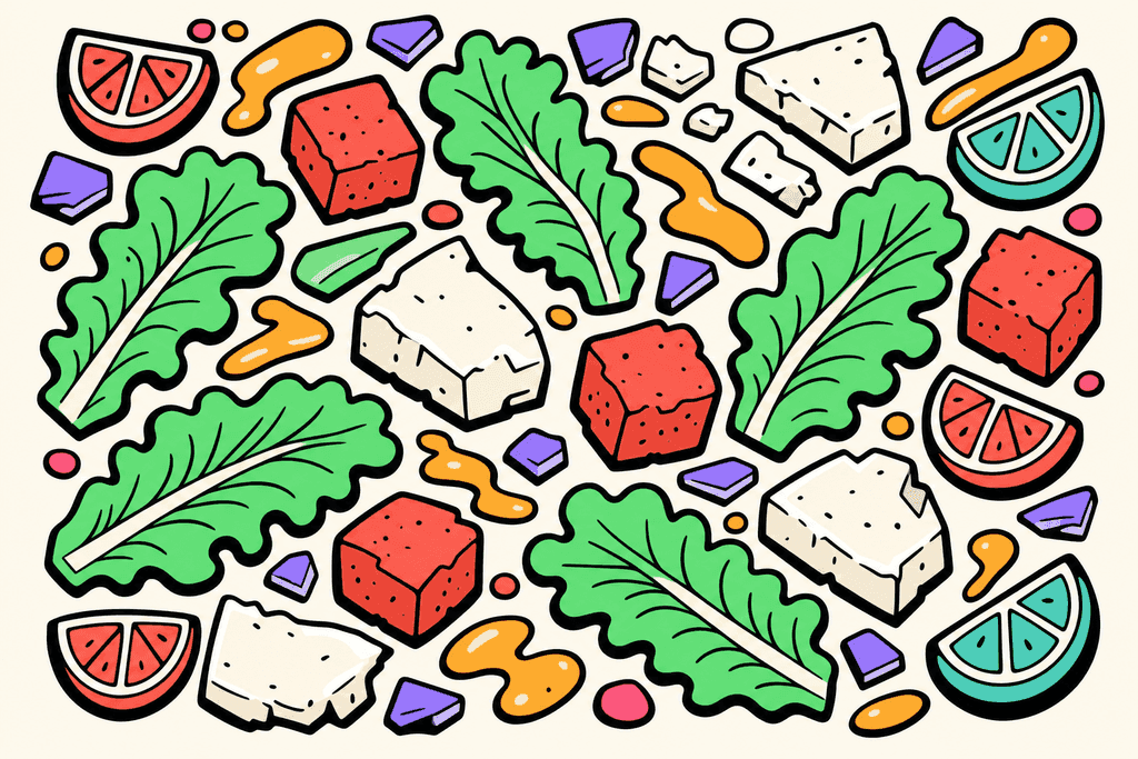 A cartoon neo-brutalist overhead scene of a deconstructed Caesar salad arranged on a warm cream background (#FFFAF1): oversized coral red (#FE665C) croutons, crisp romaine leaves shaded in mint green (#4ADA85), thick slices of parmesan cheese in white, and playful stylized yellow-orange (#FFB347) Caesar dressing drizzles. Black chunky, offset, rounded borders outline every element. The salad is arranged among scattered coral and teal (#4ECDC4) lemon wedges and lavender purple (#8B7BFF) cheese shavings. Emphasize bold, playful shapes, flat colors, and thick black outline without any text, characters, humans, or utensils. The mood is vibrant, slightly mischievous, and energetically inviting.