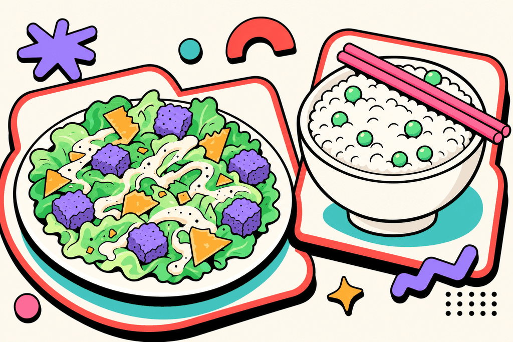 A vibrant cartoon Neo-Brutalist composition: On a warm cream background (#FFFAF1), a chunky, rounded white plate of Caesar salad—mint green lettuce, creamy dressing in swirls, bold lavender purple croutons, and scattered warm yellow-orange cheese shavings—faces off against a plump white rice bowl, with sparse mint green peas and a playful pink chopstick resting atop. Both dishes have thick, black, offset borders, and sit on chunky white card shapes outlined in coral red (#FE665C). The overall scene is bold, playful, and minimal with exaggerated, flat colors, no humans, no text, and a fun, inviting lunchtime mood. Accent with teal shadows beneath plates and pops of lavender and pink for extra contrast.