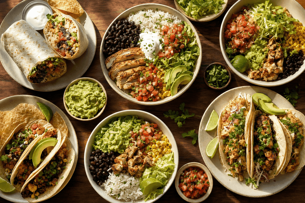 A photorealistic overhead view of a vibrant spread of fresh Mexican-inspired dishes—burritos, burrito bowls, tacos, and salads—arranged neatly on a wooden table, each in separate bowls or plates with colorful ingredients like grilled chicken, black beans, cilantro lime rice, pico de gallo, lettuce, and slices of avocado. Dramatic natural lighting creates crisp shadows and highlights the fresh textures, evoking a warm, inviting, and wholesome atmosphere. No characters, text, or humans in the image.