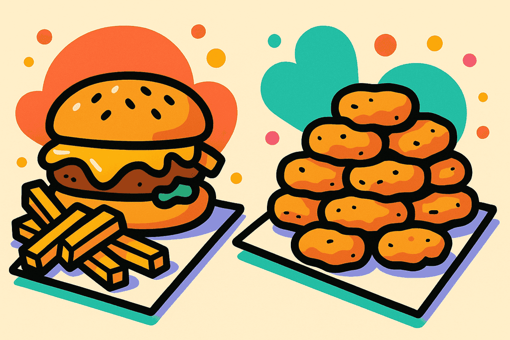A cartoon neo-brutalist scene on a warm cream background (#FFFAF1): On the left, a stylized, chunky hamburger with melty cheese and a pile of playful fries, all sitting on a white card surface. On the right, a contrasting pile of exactly ten McNuggets, arranged neatly on another white card. Both food groups feature chunky black borders and playful, flat shapes, with dramatic mint green (#4ADA85) and lavender purple (#8B7BFF) accent shadows beneath. The background features bold, abstract coral red (#FE665C) and teal (#4ECDC4) shapes, with scattered dots of warm yellow-orange (#FFB347) and pink (#F06292) for vibrance. No characters, text, or humans. The mood is bold, inviting, and playful, evoking a fun, modern cafeteria atmosphere.
