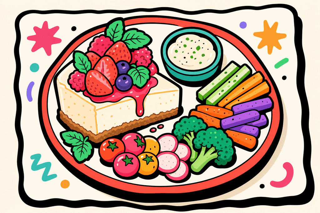 A playful, cartoon Neo-Brutalism illustration featuring an overhead view of a stylized, chunky plate with a thick slice of creamy cheesecake topped with vibrant fruit and mint leaves, next to neatly arranged colorful veggie sides and a small bowl of light dip. The plate and food items rest on a large white card surface with exaggerated, thick and wavy black borders. The background is warm cream (#FFFAF1), with coral red (#FE665C) accents in the fruit and plate rim. Pops of mint green (#4ADA85), lavender purple (#8B7BFF), teal (#4ECDC4), warm yellow-orange (#FFB347), and pink (#F06292) add playful highlights throughout the food and sides. Maintain bold, flat colors, rounded chunky shapes, and thick offset black borders for all elements. No text, no humans, and no characters. The mood is inviting and celebratory, emphasizing nutritious variety in a whimsical restaurant-inspired setting.