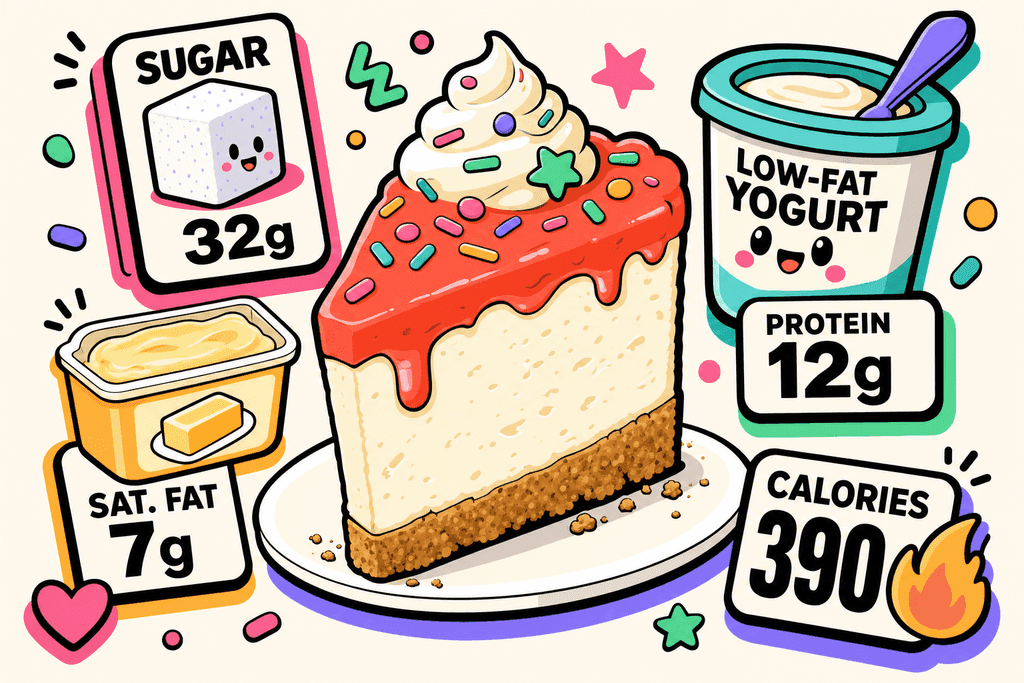 A vibrant, cartoon neo-brutalist illustration in the specified palette: a classic cheesecake slice with exaggerated, chunky layers sits exaggeratedly tall on a white plate, surrounded by whimsical, oversized nutrition label icons (think a cartoon sugar cube, a tub of butter, a big low-fat yogurt cup, all stylized and simplified) floating around it at varying heights; each icon has thick black borders, offset shadows, and rounded, playful shapes. The background is a warm cream (#FFFAF1), the cheesecake’s topping is coral red (#FE665C) with accent dollops and sprinkles in mint green (#4ADA85), lavender (#8B7BFF), teal (#4ECDC4), yellow-orange (#FFB347), and pink (#F06292). The mood is bold, eye-catching, and slightly surreal—like familiar nutrition facts have been whimsically blown out of proportion. No text, no characters, no humans. An overall playful, almost cheeky atmosphere.