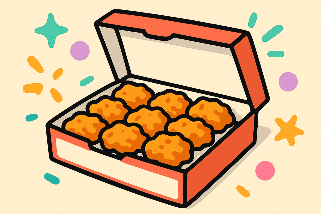 A close-up cartoon-style illustration of a white nugget box opened to reveal a neatly arranged 12-piece set of Chick-fil-A-style chicken nuggets. Each nugget is plump and golden, sitting atop a crisp white surface, with bold chunky black borders outlining every nugget. Around the box, playful accent shapes in mint green, lavender purple, teal, warm yellow-orange, and pink create a lively, inviting atmosphere. The background is a warm cream (#FFFAF1), and the box features thick coral red (#FE665C) borders. No characters, text, or humans in the image. Overall mood is energetic and fun, using bold, flat neo-brutalist cartoon style with rounded shapes and thick offset borders.