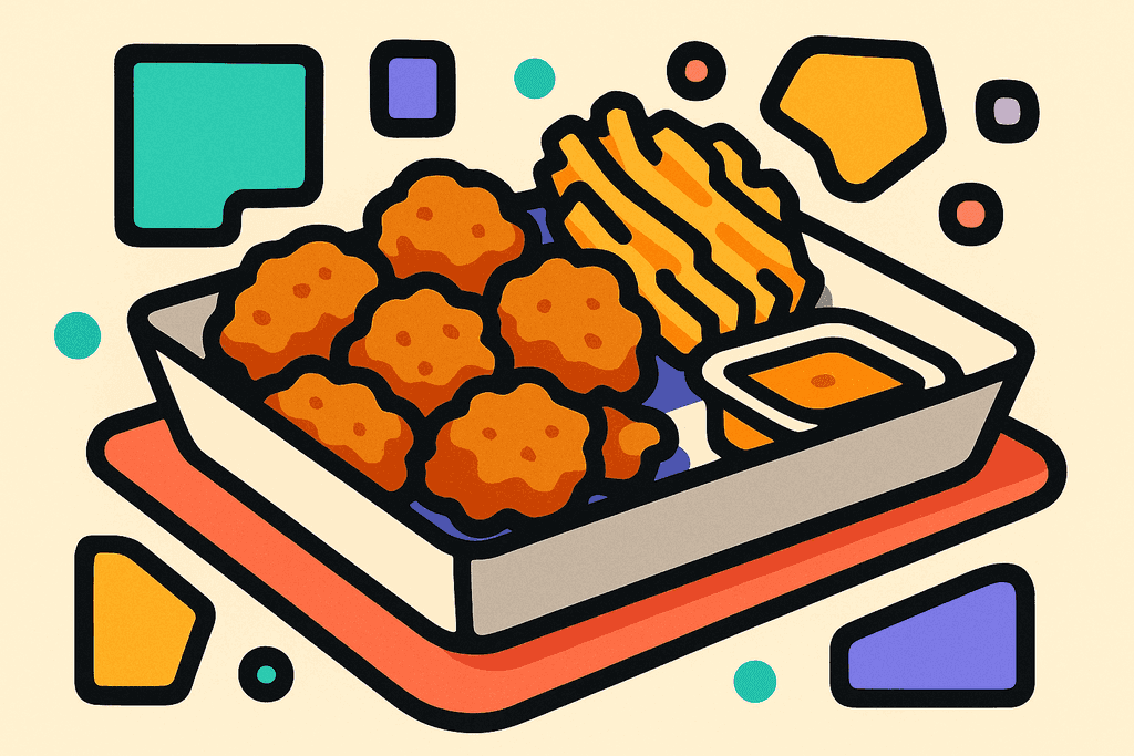 A cartoon neo-brutalist illustration of a Chick Fil A 8 count nugget meal arranged on a white card tray, featuring golden brown nuggets, a small portion of crinkle-cut fries, and a tiny cup of dipping sauce. The background is a warm cream color (#FFFAF1) with playful, chunky black borders around all elements. Objects are outlined in thick, offset black lines, and the tray has a coral red (#FE665C) accent. Framing the meal are mint green (#4ADA85) and lavender purple (#8B7BFF) geometric shapes, with bonus accents in teal, yellow-orange, and pink adding pops of color. The atmosphere is vibrant, cheerful, and inviting—no characters, text, or humans in the image.
