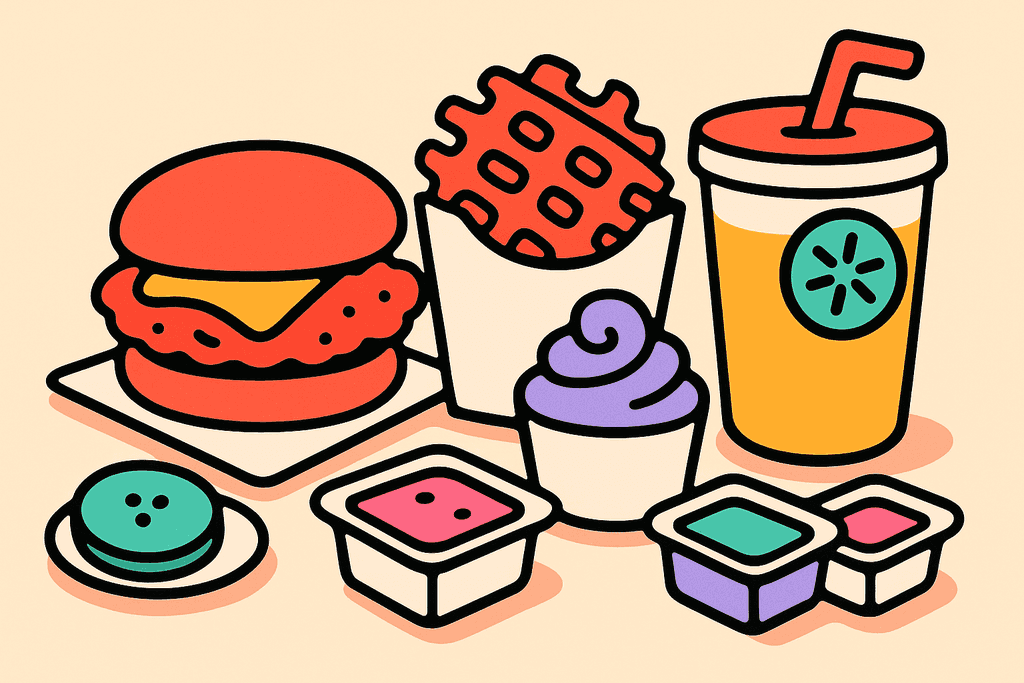 A vibrant, cartoon Neo-Brutalism illustration of a variety of Chick-fil-A menu items arranged playfully—such as a classic chicken sandwich, waffle fries, and a cup of lemonade—each item rendered with exaggerated, chunky shapes and thick black borders. The background is warm cream (#FFFAF1). The main elements use bold coral red (#FE665C), with sides and small food items in accent mint green (#4ADA85), lavender purple (#8B7BFF), teal (#4ECDC4), yellow-orange (#FFB347), and pink (#F06292). All surfaces like food wrappers or plates are white with black chunky outlines. The composition should look inviting and cheerful with soft shadows, playful rounded corners, and no characters, text, or humans; just an eye-catching, flat, abstract food arrangement in a cozy, welcoming mood.