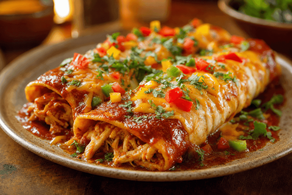 A photorealistic, close-up image of two freshly baked chicken enchiladas on a rustic ceramic plate, topped with melted cheese, colorful chopped bell peppers, and a sprinkle of cilantro, with rich red enchilada sauce cascading down the sides. The background is softly blurred, showing warm, golden ambient lighting for an inviting and cozy mood. No characters, text, or humans in the image.