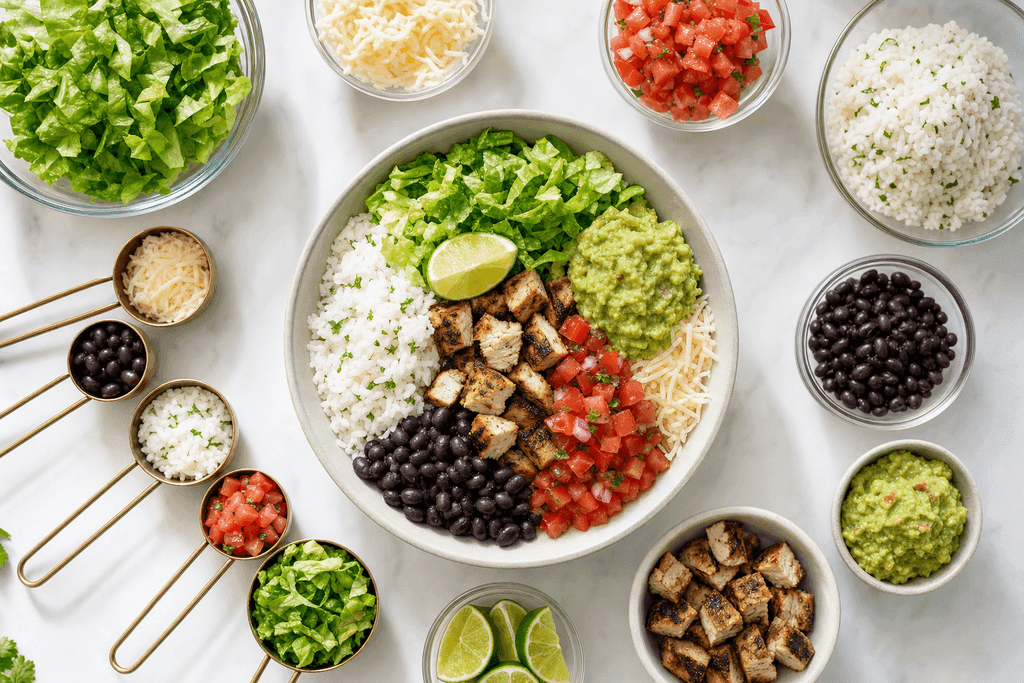A photorealistic overhead view of a vibrant, well-lit Chipotle-style meal bowl arranged on a clean, modern white surface. The bowl is artfully filled with colorful ingredients separated clearly: fluffy white rice, juicy grilled chicken pieces, bright black beans, fresh diced tomatoes, crisp romaine lettuce, shredded cheese, creamy guacamole, and a wedge of lime. Surrounding the bowl are small neatly arranged piles of ingredients and measuring spoons, hinting at the idea of portion control and nutrition calculation. The mood is inviting and fresh, with natural daylight highlighting the textures and colors of each food component. No characters, text, or humans are in the image.