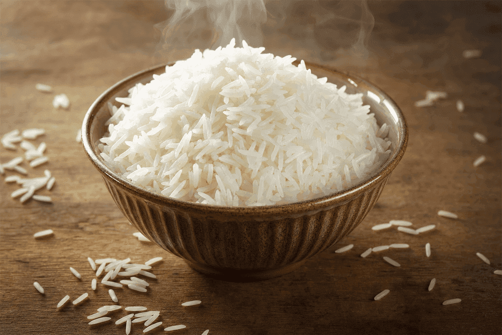 A photorealistic image of a single, elegantly styled ceramic bowl filled with perfectly cooked, fluffy basmati rice, steam gently rising above the grains, set on a natural wood surface. Surrounding the bowl are a few raw basmati rice grains scattered artfully, with warm, soft natural lighting creating a cozy, inviting atmosphere. No characters, text, or humans in the image.