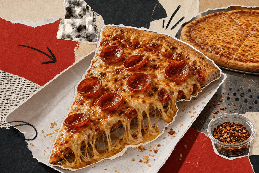 Editorial mixed-media collage of a single oversized Costco-style pepperoni pizza slice as the clear central subject, shown from a dramatic low three-quarter angle on a plain white deli tray, with long strands of melted cheese stretching from the lifted tip and glossy orange-gold oil glistening across bubbling mozzarella and curled pepperoni cups; beside it, a whole cheese pizza sits partially cropped in the background as a secondary element to suggest slice-versus-whole comparison, surrounded by a subtle ring of scattered crust crumbs and a small clear plastic ramekin of crushed red pepper seen only as texture, not a focal point. Build the scene from cut-out photographic elements with rough scissor edges layered over torn cream, muted red, and deep charcoal paper shapes, halftone scraps, playful hand-drawn arrows and circles, visible glue-stick texture, paper grain, and bold flat colour blocks. Composition should be off-center and dynamic, with the slice dominating the foreground and the whole pie receding behind it on a cool gray warehouse-counter-inspired surface. Lighting should feel moody and cinematic, like late afternoon ambient light in a large wholesale store café, with a warm-and-cool color contrast, appetizing highlights, and an energetic, punchy editorial atmosphere. No characters, no humans, no hands, no readable text.
