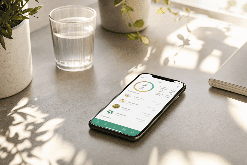 A photorealistic image of a sleek smartphone on a modern, minimalistic desk, displaying a vibrant nutrition tracking app interface with colorful charts and food icons. The background is softly blurred with morning sunlight streaming through a window, casting warm, inviting rays and gentle plant shadows, creating an atmosphere of calm motivation and healthy living. No characters, text, or humans in the image.