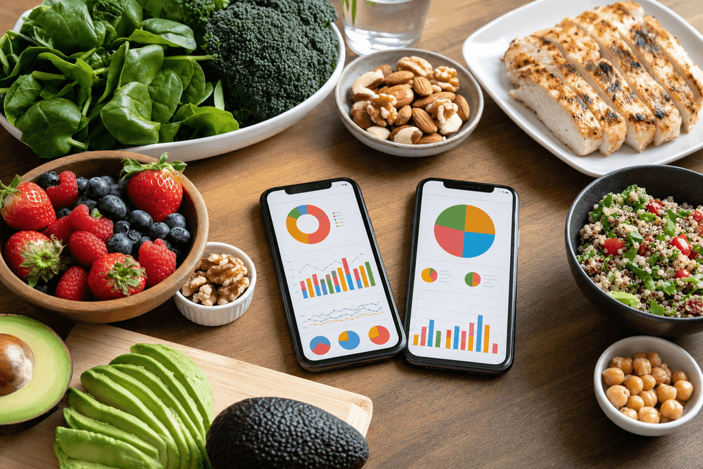 A photorealistic image of a sleek wooden table with two modern smartphones lying side by side, each displaying vibrant colorful graphs and pie charts representing calorie and macronutrient breakdowns. Around the phones, a variety of perfectly arranged fresh foods—leafy greens, bright berries, grilled chicken, nuts, and avocado slices—create a balanced, visually appealing spread. Soft, natural daylight bathes the scene, casting gentle shadows for a clean, motivating, and health-focused atmosphere. No characters, text, or humans are present in the image.