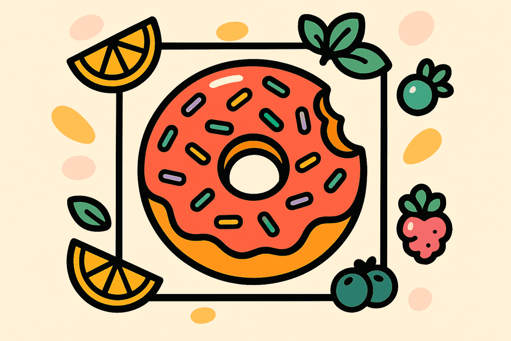 A large, exaggerated cartoon donut with a bitten edge sits on a white card-shaped surface in the center, its icing rendered in bold coral red with playful sprinkles in mint green, lavender purple, teal, yellow-orange, and pink. The donut is surrounded by chunky, black, offset borders and casts a soft shadow. Around the donut, stylized cartoon fruits (lemon wedges, mint leaves, berries) in flat accent colors radiate outward, symbolizing healthy alternatives. The background is a warm cream (#FFFAF1) with playful abstract blobs in pale accent colors. The whole image has a bright, inviting atmosphere—simple, bold, and fun. No characters, text, or humans visible.