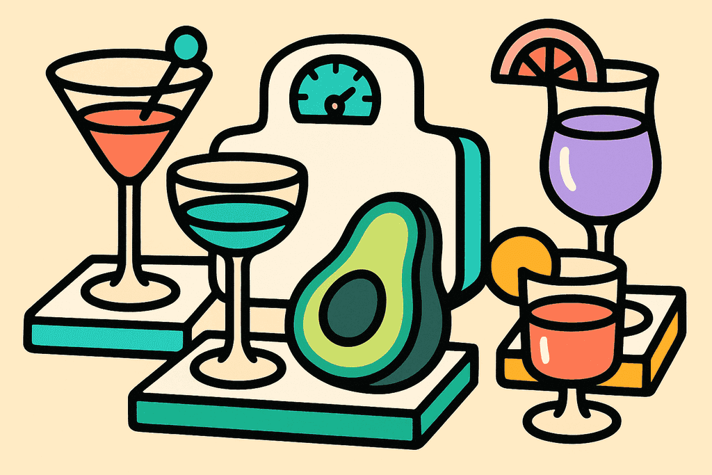 A vibrant, cartoon Neo-Brutalist still life showing a whimsical arrangement of playful cocktail glasses—some filled with coral red, mint green, and lavender purple drinks—next to a shiny, minimalist white scale and a chunky black outlined avocado, all atop white card surfaces. The background is a warm cream (#FFFAF1). Use thick black offset borders, bold flat color fills, rounded shapes, and accent pops of teal, yellow-orange, and pink. The mood is lively and optimistic, exuding a sense of balance and smart choices. No characters, text, or humans.