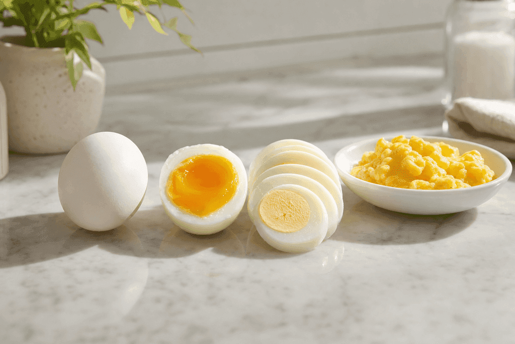 A photorealistic close-up of three perfectly smooth eggs—one whole, one soft-boiled cut in half showing a vibrant golden yolk, and one sliced for serving—arranged neatly next to a small white dish of finely measured cooked scrambled eggs on a clean, minimalist marble countertop. Soft morning sunlight streams in from the side, casting gentle, inviting shadows and creating a fresh, healthy kitchen atmosphere. No characters, text, or humans in the image.