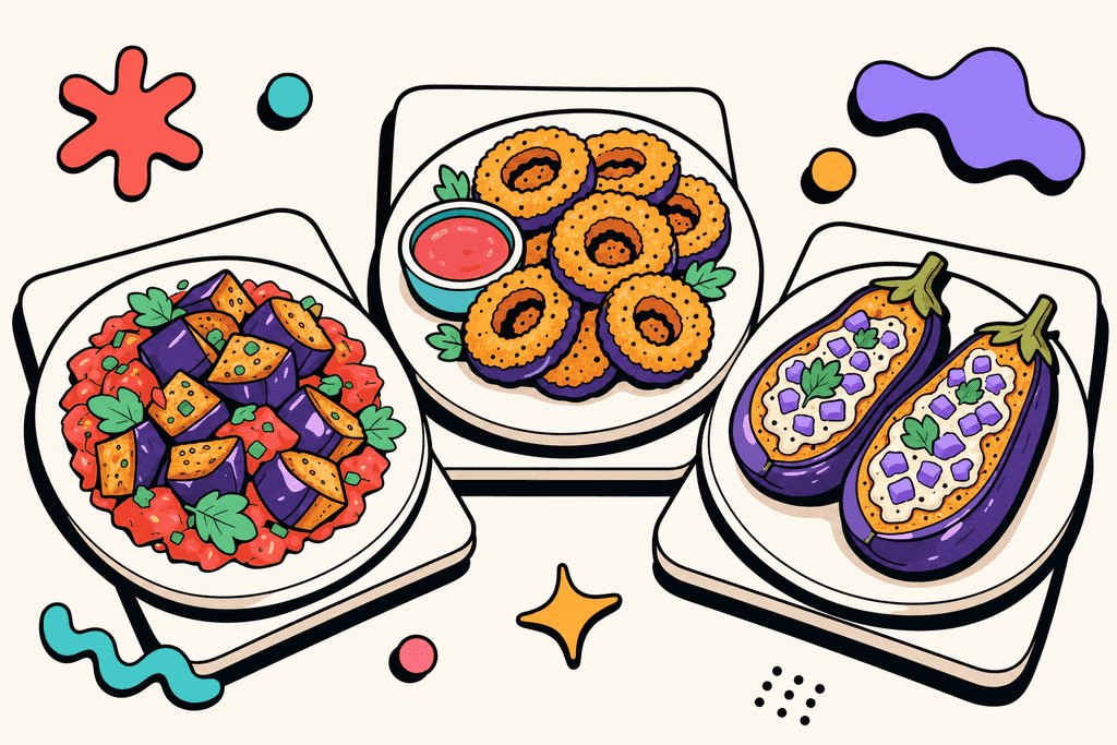 A stylized cartoon neo-brutalist still life featuring three white rounded plates arranged in a gentle arc on a warm cream background (#FFFAF1). Each plate displays a different eggplant dish: one with chunky roasted eggplant pieces in coral red (#FE665C) and mint green (#4ADA85), one with crispy fried eggplant rings in warm yellow-orange (#FFB347) and pink (#F06292), and one with soft baked eggplant halves topped with lavender purple (#8B7BFF) highlights. The dishes and eggplants have flat, bold colors, thick offset black chunky borders, and playful, exaggerated rounded shapes. The plates rest on white card surfaces with drop shadows for depth. No characters, text, or humans. The overall mood is warm, inviting, and playful.