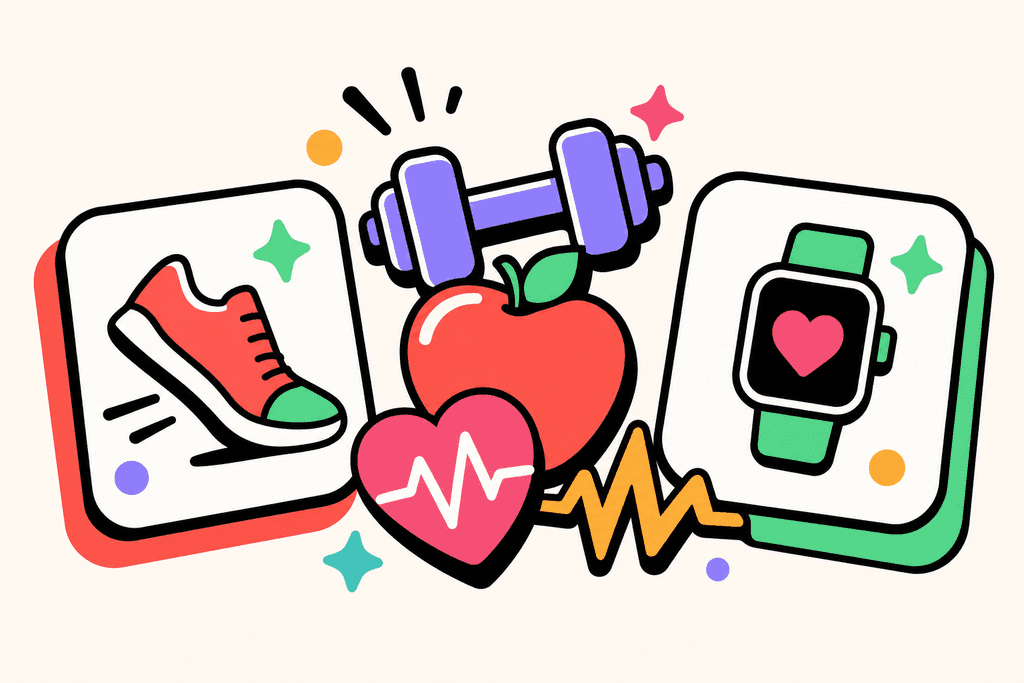 A playful, cartoon neo-brutalist flat design against a warm cream background (#FFFAF1): Two stylized, chunky app icons in white, coral red (#FE665C), and mint green (#4ADA85), each on separate rounded cards outlined with thick black borders and playful offset shadows. Between them, place bold fitness symbols—like a chunky dumbbell, a large apple, and a heart rate graph—overlapping slightly, illustrated in white, lavender purple (#8B7BFF), teal (#4ECDC4), warm yellow-orange (#FFB347), and pink (#F06292). The scene feels energetic and welcoming with ample white space, no text or characters, and playful, rounded shapes, capturing a mood of excitement and friendly competition.