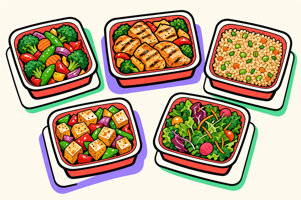 A vibrant, cartoon-style neo-brutalist illustration of five stylized meal trays arranged in a semi-circle atop a warm cream background (#FFFAF1). Each tray features a different healthy Panda Express dish: colorful vegetables, grilled chicken, brown rice, tofu, and mixed greens—presented as chunky, playful shapes with bold coral red (#FE665C) accents and thick, black, offset borders. Each meal sits on a white card surface, casting a soft mint green (#4ADA85) or lavender purple (#8B7BFF) drop shadow. Pops of teal (#4ECDC4), warm yellow-orange (#FFB347), and pink (#F06292) add energetic highlights to the food and trays. No characters, text, or humans in the image. The mood is cheerful, fresh, and inviting, evoking healthy choices in a fun, eye-catching way.