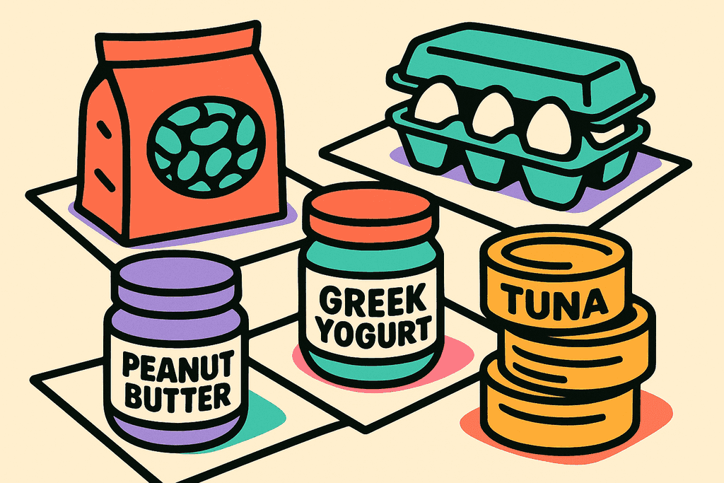 A vibrant, cartoon neo-brutalist still life on a warm cream background, featuring five oversized, stylized items arranged in a playful composition: a bag of dried beans, a carton of eggs, a jar of peanut butter, a tub of Greek yogurt, and a folded stack of canned tuna labels. Each object is rendered in flat, bold coral red, mint green, lavender purple, teal, and warm yellow-orange, with thick, chunky black borders and pronounced, exaggerated simplified forms. The objects overlap on crisp white card surfaces, casting graphic shadows. No characters, text, or humans present. The mood is energetic, optimistic, and inviting, emphasizing affordability and variety with playful, rounded shapes and bold accents.