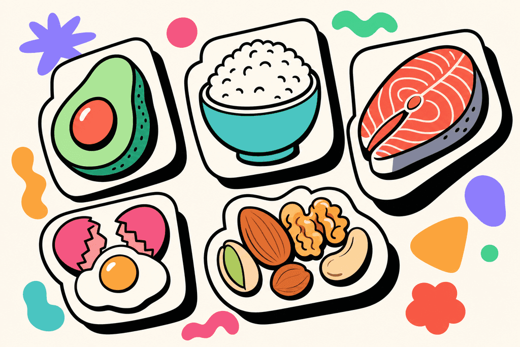 A vibrant, playful arrangement of cartoon-styled food items—such as a sliced avocado, a bowl of rice, a salmon fillet, a cracked egg, and a handful of nuts—laid out on abstract white card surfaces, each surrounded by thick chunky black borders and floating over a warm cream background (#FFFAF1). The foods are colored in coral red (#FE665C), mint green (#4ADA85), lavender purple (#8B7BFF), teal (#4ECDC4), warm yellow-orange (#FFB347), and pink (#F06292), with bold flat tones and pronounced, offset shadow borders. No characters, text, or humans present. The arrangement creates a balanced, inviting atmosphere—cheerful and energizing—conveying variety in nutrition and daily routine. The overall design is in Cartoon Neo-Brutalism style, using rounded shapes, playful composition, and spaced elements for a light, upbeat mood.