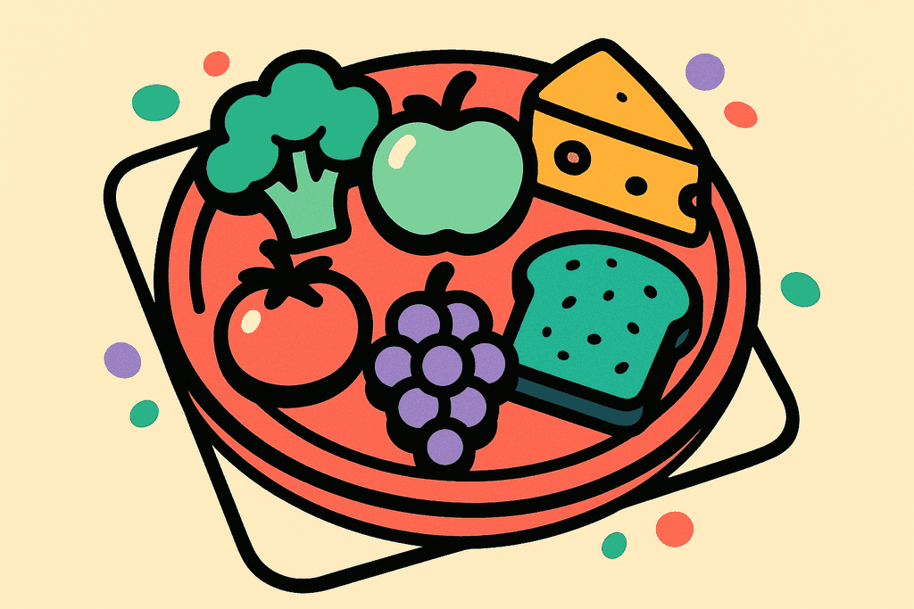 A vibrant cartoon neo-brutalist still life: an overhead view of a stylized, chunky plate divided into playful, rounded sections, each holding a different food—cartoonish broccoli, a mint green apple, a warm yellow-orange wedge of cheese, a coral red tomato, lavender purple grapes, and a slice of hearty teal bread. All foods are outlined with bold, thick black borders and offset shadows. The plate sits on a white, curvy card-shaped surface against a warm cream background (#FFFAF1). Scattered around are small, rounded accent shapes in mint green, pink, and lavender, adding dynamic movement. The mood is positive and inviting, evoking warmth, balance, and playful curiosity. No text, no characters, no humans—just the friendly, chunky cartoon foods and abstract shapes.