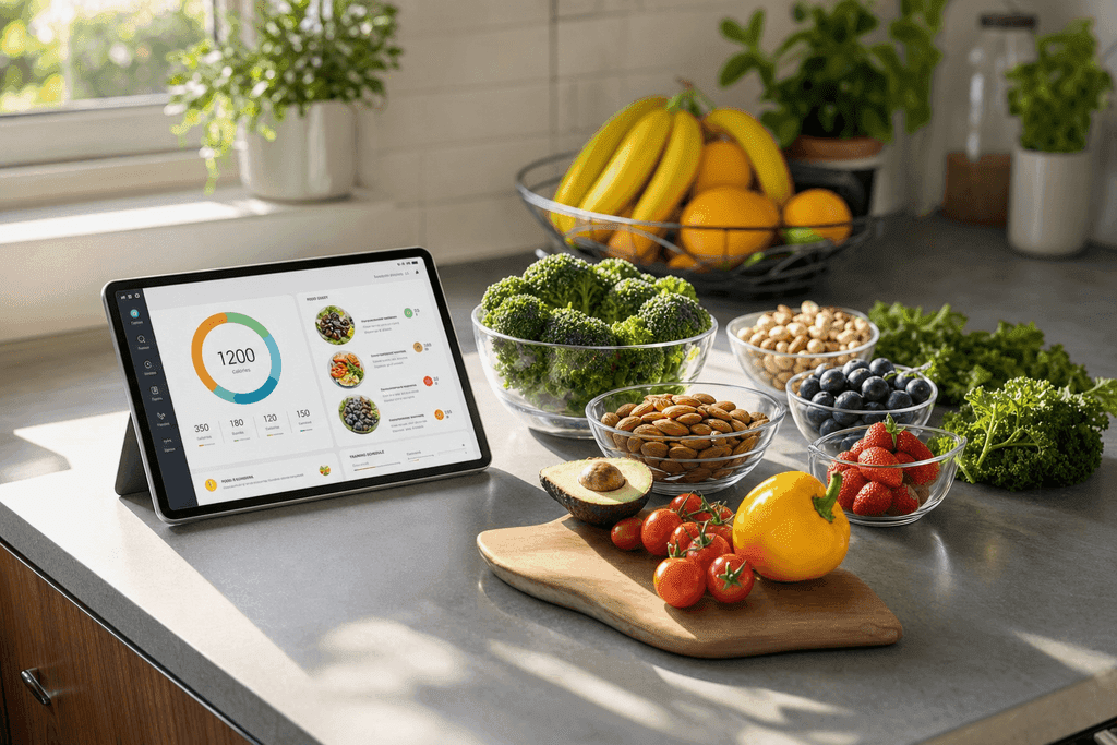 A photorealistic image of a sleek, modern kitchen table with a digital tablet displaying a colorful calorie counting app interface, surrounded by an assortment of fresh fruits, vegetables, and nuts arranged artfully in small glass bowls. The scene is brightly lit with natural sunlight pouring in from a window, casting soft, inviting shadows. No characters, text, or humans are present—only the objects, with a vibrant and motivating atmosphere that inspires healthy living and organized meal planning.