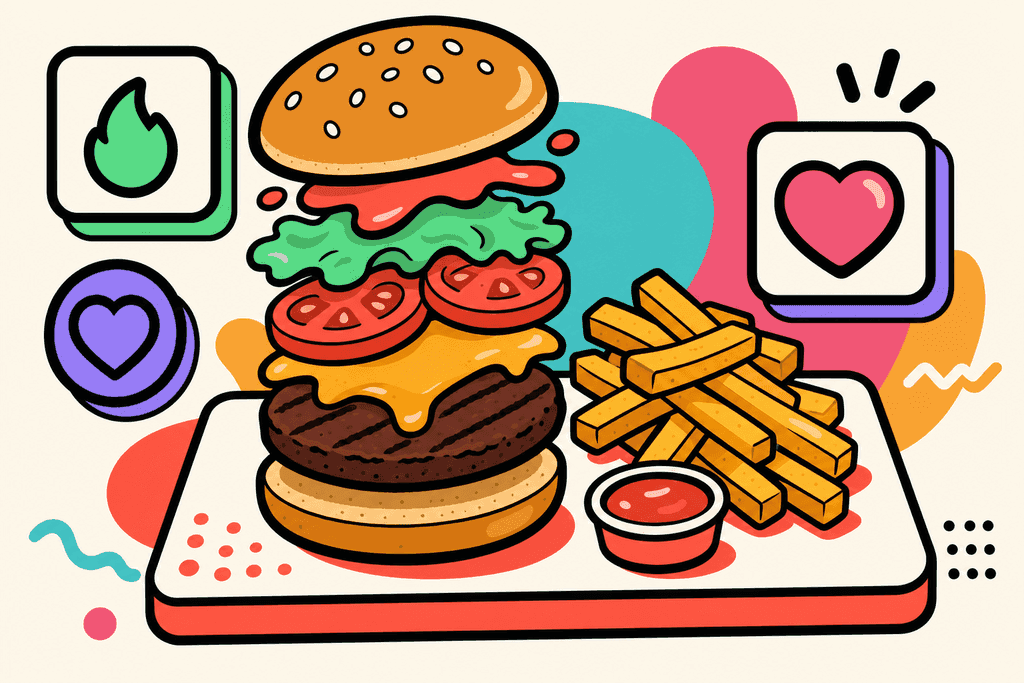 A playful, cartoon neo-brutalist composition of a stylized Habit Burger meal: a deconstructed burger with bold, rounded layers—bun, lettuce, tomato, melted cheese, and patty—stacked beside a small pile of golden fries, all resting on a clean white card plate with thick black chunky borders. The warm cream background (#FFFAF1) creates a cozy mood, while coral red (#FE665C) is used for vivid condiments and plate accents. Mint green (#4ADA85) and lavender purple (#8B7BFF) provide colorful highlights on abstract, rounded nutrition icons (like a calorie symbol and a heart), and teal (#4ECDC4), yellow-orange (#FFB347), and pink (#F06292) are used as playful background shapes and accent splashes. The entire image is flat, bold, offset with thick black borders, with a friendly and inviting atmosphere. No text, characters, or humans.
