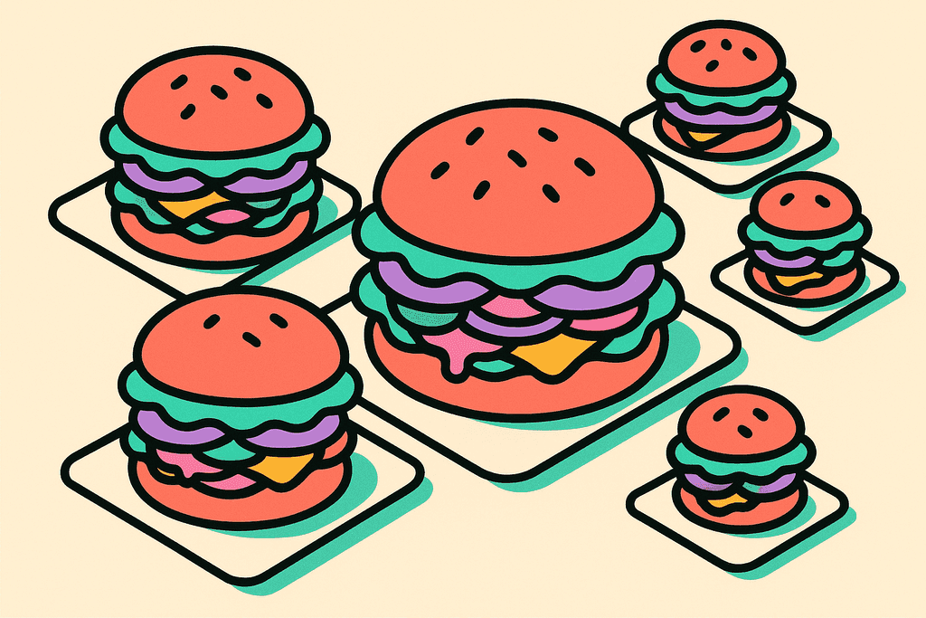 A playful arrangement of several stacked cartoon hamburgers in different sizes, shown in a top-down view on a warm cream background (#FFFAF1). Each burger has flat, bold layers—coral red (#FE665C) buns, mint green (#4ADA85) lettuce, lavender purple (#8B7BFF) onions, teal (#4ECDC4) pickles, warm yellow-orange (#FFB347) cheese, and pink (#F06292) sauces—separated by thick, chunky black borders. The burgers are placed on simple white card-shaped surfaces with rounded edges, casting soft mint shadows. The atmosphere is light, inviting, and energetic with all elements outlined in thick, playful black offset borders. Absolutely no humans, text, or characters in the image.