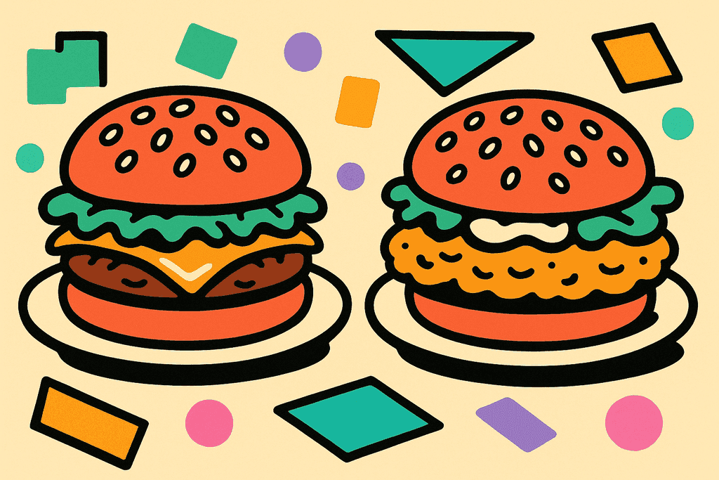 A vibrant, cartoon Neo-Brutalist scene with a classic hamburger and a McChicken sandwich side by side on white plates, highlighted by bold coral red and chunky black borders. Each sandwich is illustrated with exaggerated, rounded shapes, colorful toppings, and distinct textures—crisp lettuce, melty cheese, and sesame buns on the hamburger; crunchy lettuce, mayo, and a golden chicken patty on the McChicken. The plates rest on a warm cream background (#FFFAF1), with dynamic pops of mint green, lavender purple, teal, warm yellow-orange, and pink accents scattered around as playful geometric forms. No text, characters, or humans present. The atmosphere is bold and playful, with flat, punchy colors, thick offset borders, and an inviting, head-to-head mood.
