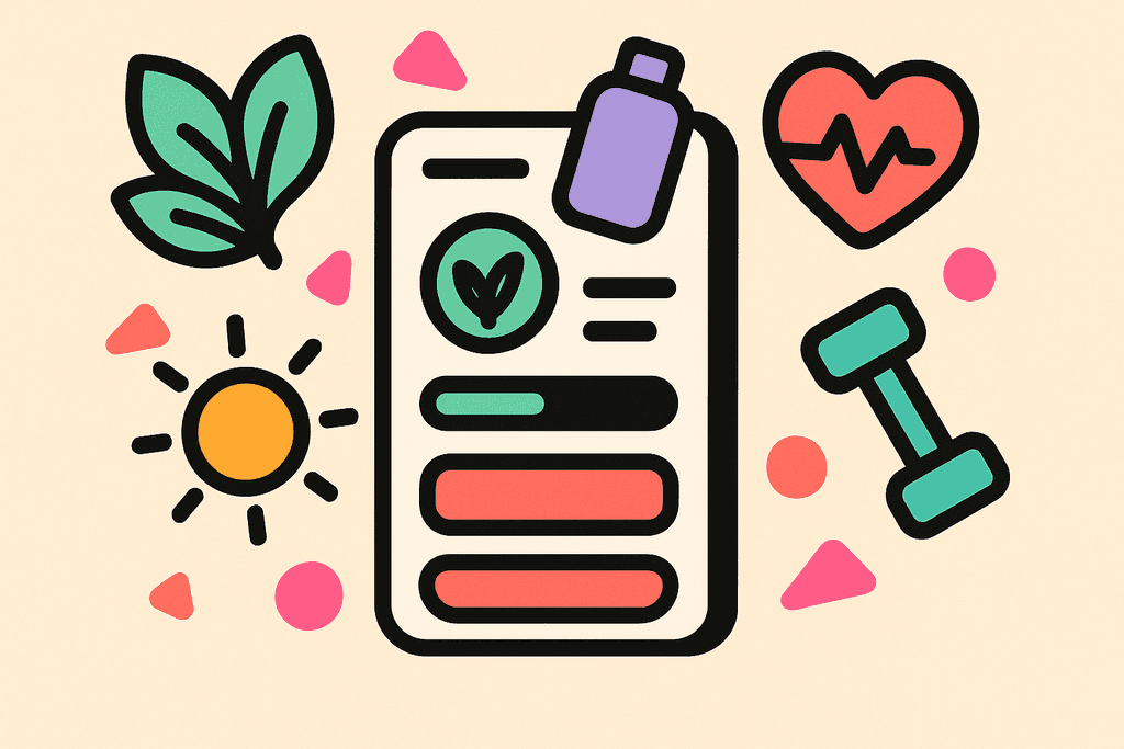 A vibrant, playful scene showing a stylized, cartoon neo-brutalist mobile app interface as a white card with chunky black borders, floating amidst abstract icons representing healthy lifestyle habits: a mint green leafy plant, a lavender purple water bottle, a coral red heart with rhythm lines, a yellow-orange sun, and a teal dumbbell. All icons are rounded, flat, and outlined with ultra-thick black lines. The composition is on a warm cream background (#FFFAF1), with bold accent splashes of pink and teal as floating geometric shapes. No text, characters, or humans. The mood is uplifting and energizing, with a sense of balance and positivity emphasized by playful overlapping, dynamic layout, and warm, harmonious colors.