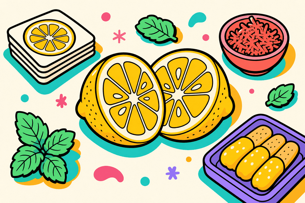 A radiant, stylized cartoon lemon sliced in half sits at the center of the image, seeds and juicy segments boldly outlined in black chunky borders. Around the lemon, chunky neo-brutalist snack elements—a stack of white card-like lemon slices, a small bowl of coral red zest, mint green leaves, and a lavender purple dish with lemon-dipped snacks—are arranged on a soft, warm cream background (#FFFAF1). Dramatic, playful shadows in teal (#4ECDC4) and yellow-orange (#FFB347) fall behind the objects, giving them a lively pop. All elements use bold, flat colors with thick offset black borders and rounded forms. No characters, text, or humans—just vibrant lemon-themed snacking in a warm, inviting atmosphere.