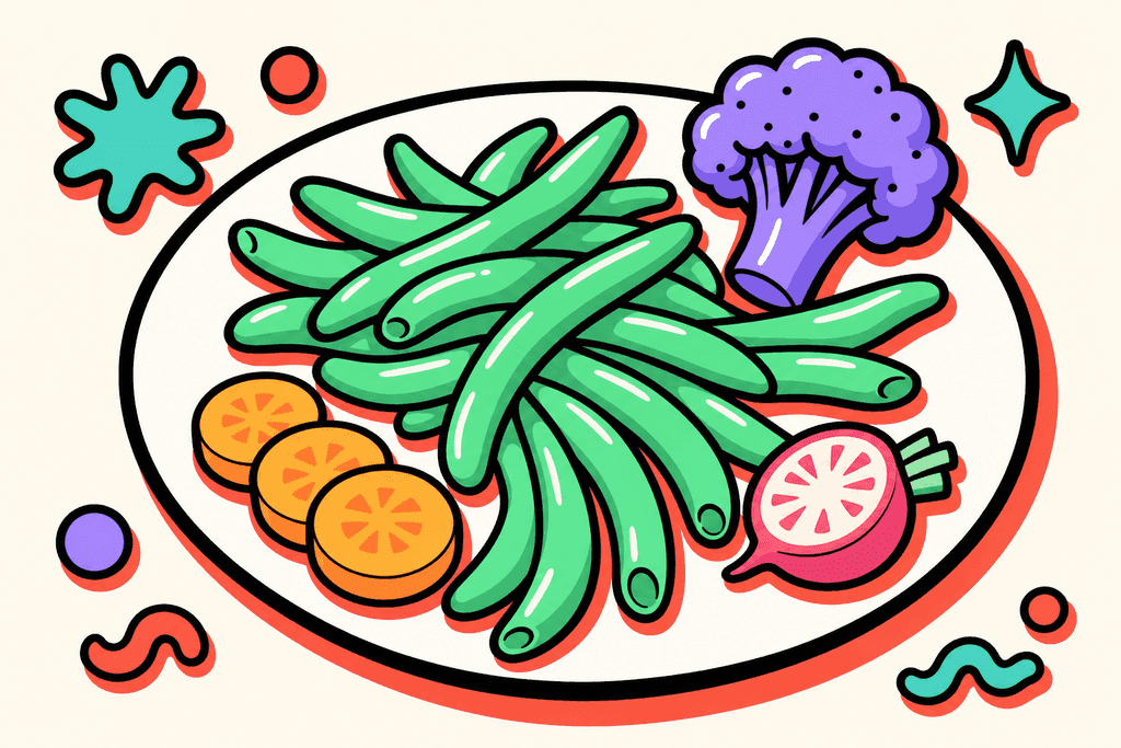 A vibrant, cartoon neo-brutalist illustration of a modern, minimalist plate centered on a warm cream background (#FFFAF1), featuring a generous serving of lush, plump green beans in mint green (#4ADA85), arranged in a slightly abstract, playful manner. The plate sits on a bold white card surface, outlined with thick, chunky black borders (#000000). Scattered around are three accent vegetables: a sliced carrot in warm yellow-orange (#FFB347), a whimsical lavender purple (#8B7BFF) broccoli floret, and a halved pink (#F06292) radish. All elements have bold coral red (#FE665C) shadowing and thick offset borders, giving a layered, dimensional effect. No text, no characters, and no humans. The scene exudes an inviting, cheerful, energetic mood, with round, exaggerated shapes and playful flat colors.