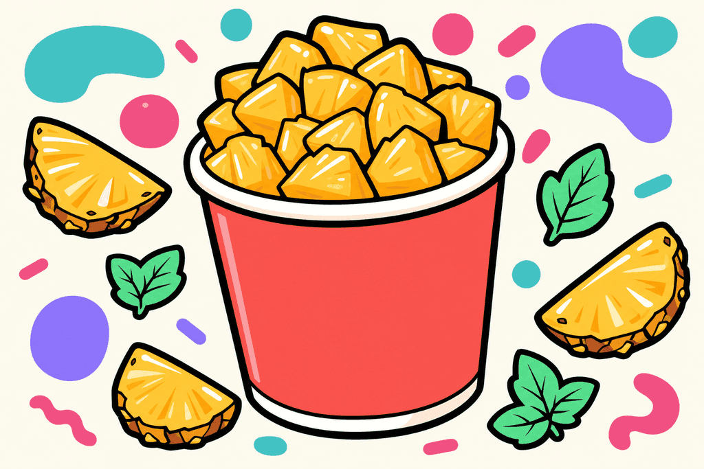 A single, large, cartoon-style cup overflowing with vivid pineapple chunks sits center stage on a warm cream background (#FFFAF1). The cup, with bold, chunky black borders, features a coral red (#FE665C) body and a white card-like rim and base. Around the cup, flat, playful pineapple slices and mint green leaves are scattered. The pineapple chunks are rich yellow-orange (#FFB347), outlined in black, with juicy, glossy highlights. Accent shapes in teal (#4ECDC4), lavender purple (#8B7BFF), and pink (#F06292) float gently in the background in rounded, abstract forms, adding a lively, inviting mood. No characters, text, or humans; the atmosphere is fresh, energetic, and whimsical, with strong, thick borders and bold, flat colors in Neo-Brutalism cartoon style.
