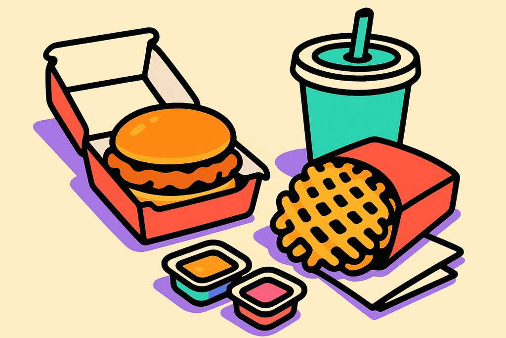 A vibrant Cartoon Neo-Brutalism style illustration showing a neatly arranged Chick-fil-A meal on a warm cream background (#FFFAF1): a classic chicken sandwich in a white card tray, golden waffle fries in a coral red paper pouch (#FE665C), and a mint green drink cup (#4ADA85), all outlined with thick, black chunky borders. The food items feature bold, flat colors and chunky, exaggerated rounded shapes. Coral red, lavender purple (#8B7BFF), teal (#4ECDC4), warm yellow-orange (#FFB347), and pink (#F06292) accents are integrated into sauces, napkins, and shadows. The mood is playful and inviting, with elements presented from a top-down view in a balanced, almost graphic-grid composition. No characters, humans, or text are present.