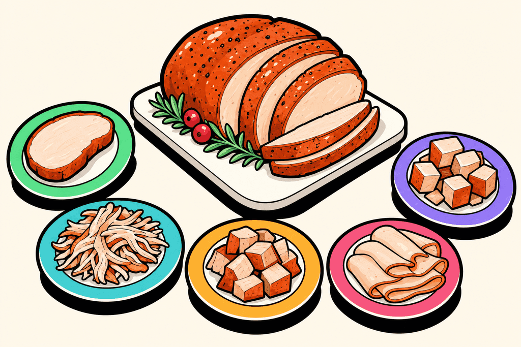 A vibrant cartoon neo-brutalist illustration of a large, juicy roasted turkey breast sliced on a simple white card-like plate, surrounded by several small plates arranged in a playful semi-circle, each with different turkey portions—one slice, cubes, shredded pieces, and a tiny pile representing deli meat. All plates float on a warm cream background (#FFFAF1). Chunky black borders outline every element, and bold pops of coral red (#FE665C) accent the turkey, while mint green (#4ADA85), lavender purple (#8B7BFF), teal (#4ECDC4), warm yellow-orange (#FFB347), and playful pink (#F06292) distinguish the different portion plates. The mood is lighthearted, inviting, and visually clean, with exaggerated, rounded shapes and thick offset shadows, but no humans, no text, and no characters anywhere.