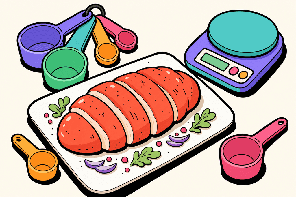 A single plump, cartoon-style chicken breast, sliced into sections and surrounded by a set of vibrant measuring cups and a digital kitchen scale, all arranged on a white card plate with playful, chunky black borders. The scene sits on a warm cream (#FFFAF1) background, with the chicken breast in smooth coral red (#FE665C) and accents of mint green (#4ADA85), lavender purple (#8B7BFF), teal (#4ECDC4), warm yellow-orange (#FFB347), and pink (#F06292) on utensils and garnishes. The mood is curious and inviting, with bright, bold, flat colors in a neo-brutalist cartoon style, thick offset black borders, and rounded shapes. No text, no humans, and no characters.