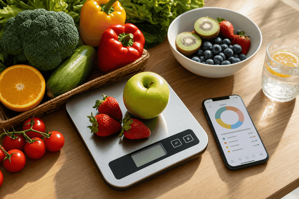 A photorealistic close-up of a sleek digital kitchen scale and a colorful assortment of fresh fruits and vegetables artfully arranged on a wooden table, next to a modern smartphone displaying a calorie tracking app interface, set in bright natural sunlight with soft shadows, evoking a fresh, motivating, and organized atmosphere—no characters, text, or humans.