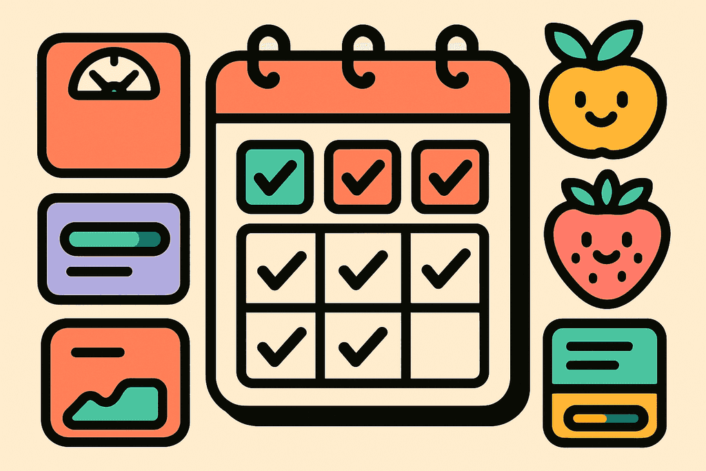 A cartoon neo-brutalist style illustration featuring a vibrant daily calendar with chunky black borders, checkmarks, and playful progress bars, surrounded by stylized weight scales, cheerful fruit icons, and dynamic app interface elements. The background is a warm cream (#FFFAF1), with primary elements in coral red (#FE665C), card surfaces in crisp white, and accents of mint green (#4ADA85), lavender purple (#8B7BFF), teal (#4ECDC4), warm yellow-orange (#FFB347), and pink (#F06292). Borders are bold and black, shapes are rounded and offset, creating a bold, motivating, and uplifting atmosphere without any characters, text, or humans.