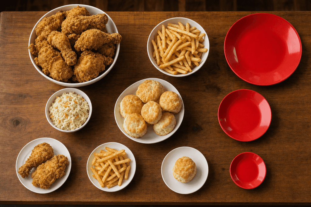 A photorealistic image of a wooden table with an overhead view of various KFC menu items arranged neatly, such as crispy fried chicken pieces, golden fries, biscuits, and coleslaw in small bowls. Next to each food group, there are small, bright, empty plates of different sizes, visually representing different order portions. The background is softly blurred, with warm, inviting lighting creating a cozy and comforting mood. No text, characters, or humans are present.