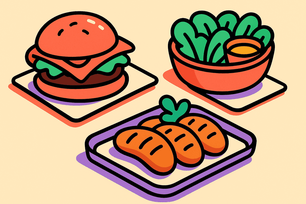 A vibrant, cartoon neo-brutalist scene with a warm cream background, featuring an array of stylized fast food items like a small burger, a side salad, and a portion of grilled chicken, all with bold, playful, rounded shapes placed on white card surfaces. Each food item is encircled by chunky black borders and shadowed with thick, offset outlines. Use coral red as the primary highlight for elements like the burger wrapper and salad bowl, with intense accents of mint green (lettuce leaves), lavender purple (tray edges), warm yellow-orange (dressing cup), teal (chicken garnish), and pink (pickle slice). The mood is upbeat and inviting, with a sense of freshness and organization, no text or humans, just appealing fast food items arranged cleanly on minimalistic surfaces, radiating positivity and simplicity.