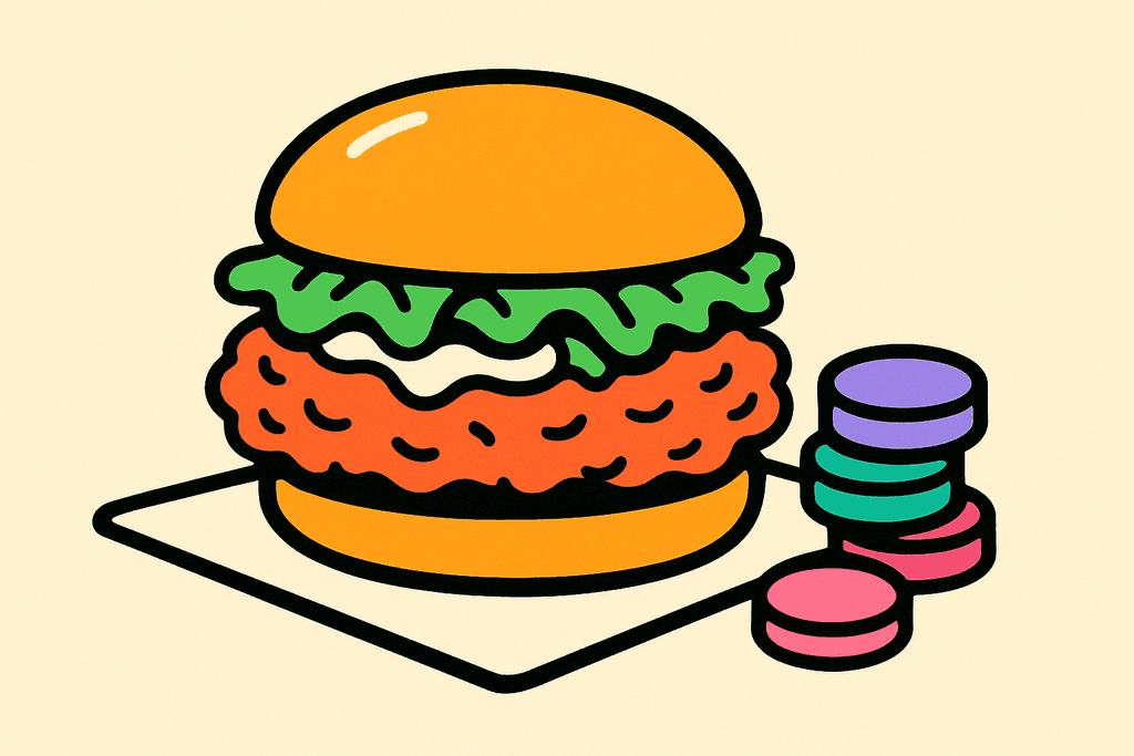 A single, oversized McChicken sandwich sits centered on a warm cream background (#FFFAF1), illustrated in bold cartoon neo-brutalism style with chunky black (#000000) offset borders and playful, rounded shapes. The sandwich’s crispy coral red (#FE665C) breaded chicken patty peeks out from a golden yellow-orange (#FFB347) bun, with mint green (#4ADA85) lettuce spilling out and creamy white sauce visible. Resting on a simple, white card surface with thick black outline, the sandwich is flanked by geometric, flat shapes in lavender purple (#8B7BFF), teal (#4ECDC4), and pink (#F06292) representing calorie “coins” or tokens, as if the meal and calories are being "counted." The mood is bright, bold, and playfully structured, evoking a sense of fun budget planning, without any text, numbers, or characters/humans.