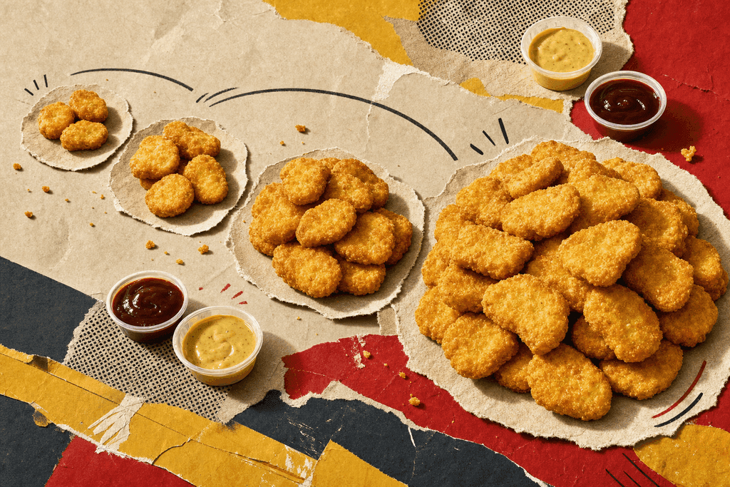 Editorial mixed-media collage of McChicken-style chicken nuggets as the clear central subject, featuring exactly four distinct serving sizes of golden, crispy nuggets arranged in a bold left-to-right progression on separate torn paper circles: a 4-piece cluster, a 6-piece cluster, a 10-piece pile, and a large 20-piece mound, each portion clearly different in scale. Use a dynamic top-down three-quarter angle with the largest serving closest to the foreground and the smallest farthest back for depth. Surround the nuggets with a few small open dips of creamy honey mustard and glossy barbecue sauce, plus a sparse scatter of tiny crumbs, but keep the nuggets dominant. Build the scene on layered parchment-beige, warm mustard yellow, deep ketchup red, and muted charcoal paper cut shapes, with halftone fragments and hand-drawn curved accent lines subtly emphasizing portion growth. Mood is energetic, punchy, and modern with warm fast-food comfort and a playful editorial atmosphere. Bright studio lighting with soft directional shadows, high contrast texture, tactile paper grain, visible glue-stick smears. No characters, no humans, no hands, no readable text.