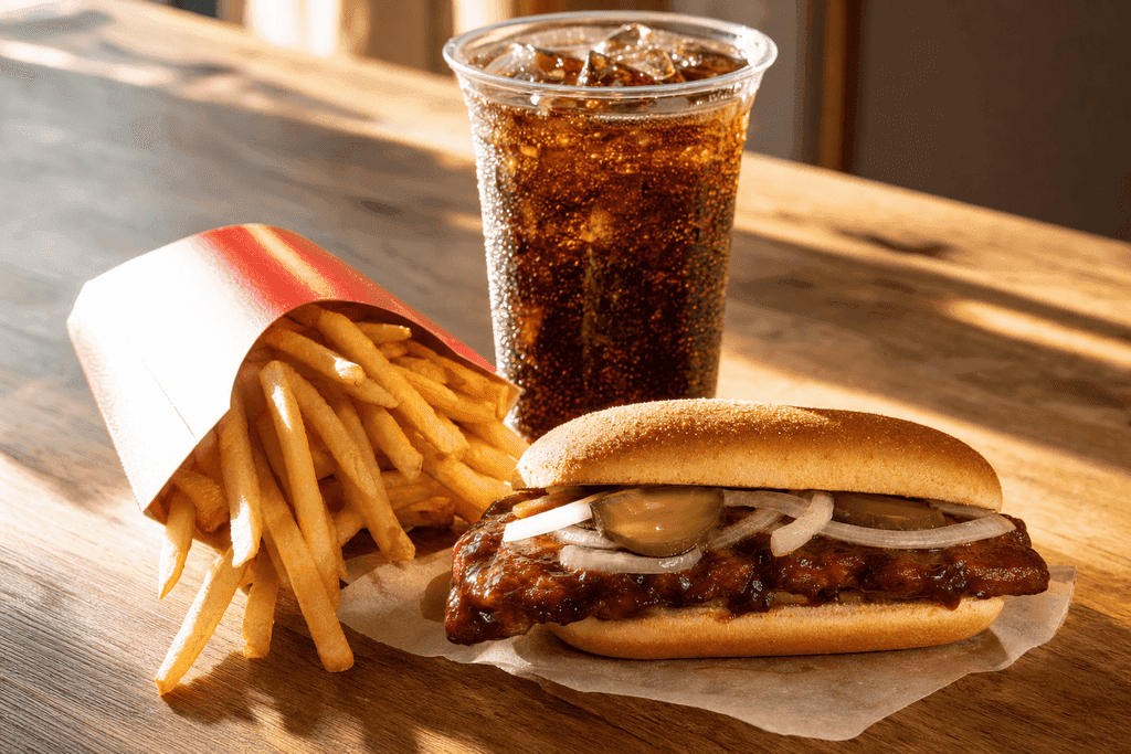 A photorealistic image of a McRib meal arranged on a wooden table: a saucy barbecue rib sandwich with visible onions and pickles on a toasted bun, golden crispy fries in a red McDonald’s-style container, and a cold, dewy soda with ice in a clear plastic cup. The food is illuminated by warm, inviting sunlight streaming in from one side, casting soft, appetizing shadows and creating a cozy, indulgent atmosphere. The background is softly blurred to focus attention on the meal. No characters, text, or humans are present in the image.