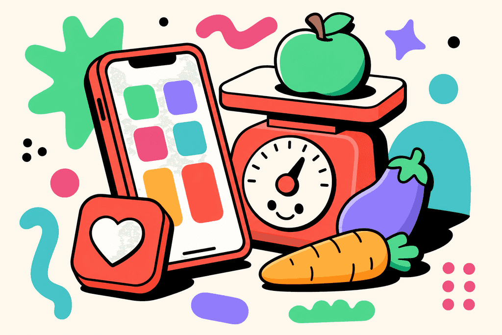 A colorful, cartoon neo-brutalist still life of a simplified smartphone with a chunky, smiling food scale, a bright coral red app icon, and vibrant, pill-shaped food items (like a mint green apple, lavender eggplant, and yellow-orange carrot) arranged around it. All objects cast thick, black drop shadows and have heavy offset black borders. The background is warm cream (#FFFAF1), with playful accent shapes in mint green, lavender purple, pink, and teal scattered around. The overall mood is upbeat, approachable, and energetic. No characters, text, or humans are present.