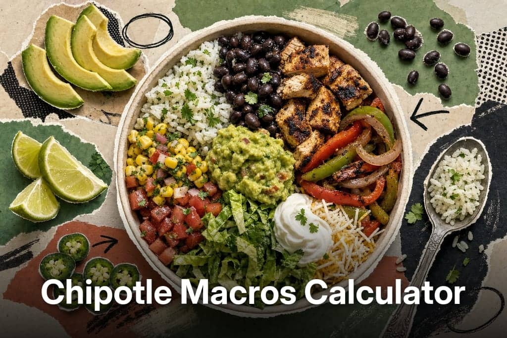Editorial mixed-media collage of a fully customized burrito bowl as the unmistakable central subject, viewed from a dramatic close overhead angle on a lightly textured tabletop, the bowl packed in distinct ingredient zones for a vivid macro-calculator feel: fluffy cilantro-lime rice, glossy black beans, smoky grilled chicken pieces with visible char, fajita peppers and onions, bright corn salsa, chunky tomato salsa, shredded romaine, a neat scoop of guacamole, a small swirl of sour cream, and a sparse sprinkle of shredded cheese. Surround the bowl with a few separated ingredient cut-outs as secondary accents—several avocado slices, lime wedges, jalapeño rounds, scattered black beans, and a silver spoon holding a small portion of rice—arranged in a balanced radial composition without clutter. Use rough scissor-cut photo edges layered over torn cream, sage green, muted terracotta, and deep charcoal paper shapes, with halftone fragments, hand-drawn circles and arrows, visible glue-stick streaks, paper grain, and playful editorial overlap. Lighting should feel crisp yet moody, like late-afternoon window light with soft shadows and warm highlights, creating a fresh, appetizing, energetic atmosphere with a rich green-and-lime color mood. No characters, no humans, no text.