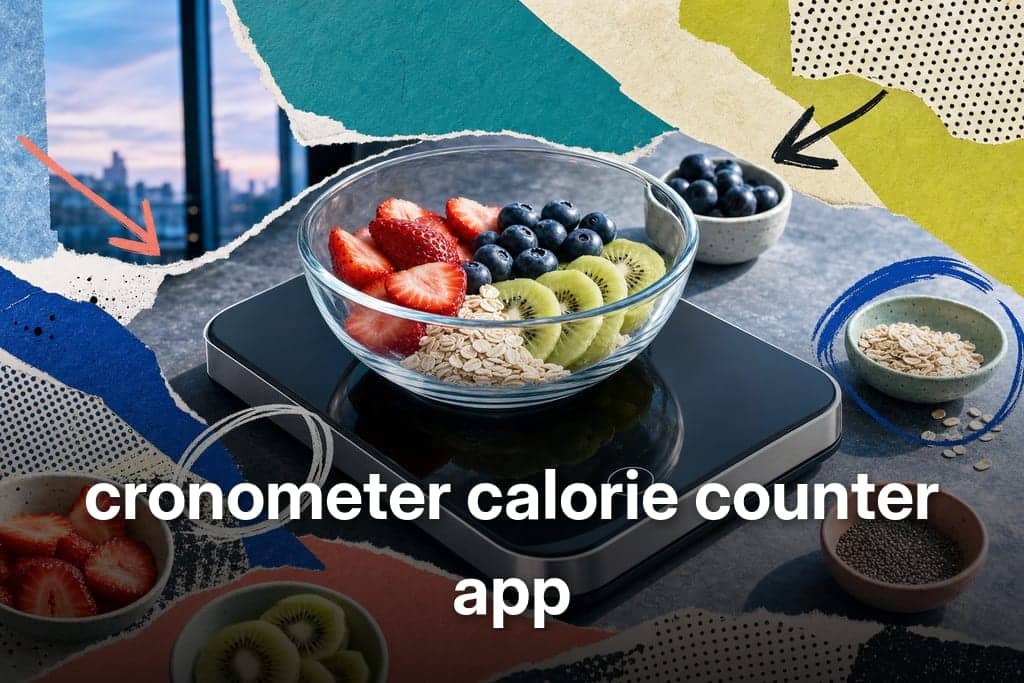 Editorial mixed-media collage of a sleek digital kitchen scale as the unmistakable central subject, viewed from a dramatic low three-quarter close angle on a cool-toned stone countertop at early morning blue hour, the scale holding a clear glass bowl filled with carefully portioned fresh ingredients for calorie tracking: ruby strawberry slices, deep indigo blueberries, pale green kiwi rounds, and a small scatter of ivory oats, with a few measured ingredients placed around it in tiny ceramic prep dishes to suggest precision without clutter. Cut-out photographic elements with rough scissor edges layered over torn paper, halftone scraps, bold flat colour blocks in teal, cobalt, lime, and soft coral, energetic hand-drawn arrows and circular accent marks, visible glue-stick texture and paper grain, playful magazine composition. Atmosphere is crisp, modern, focused, and motivating, with clean directional side lighting, subtle reflections on the scale surface, soft shadows, and a fresh healthy tech-meets-food mood. No characters, no humans, no hands, no readable text anywhere in the image.