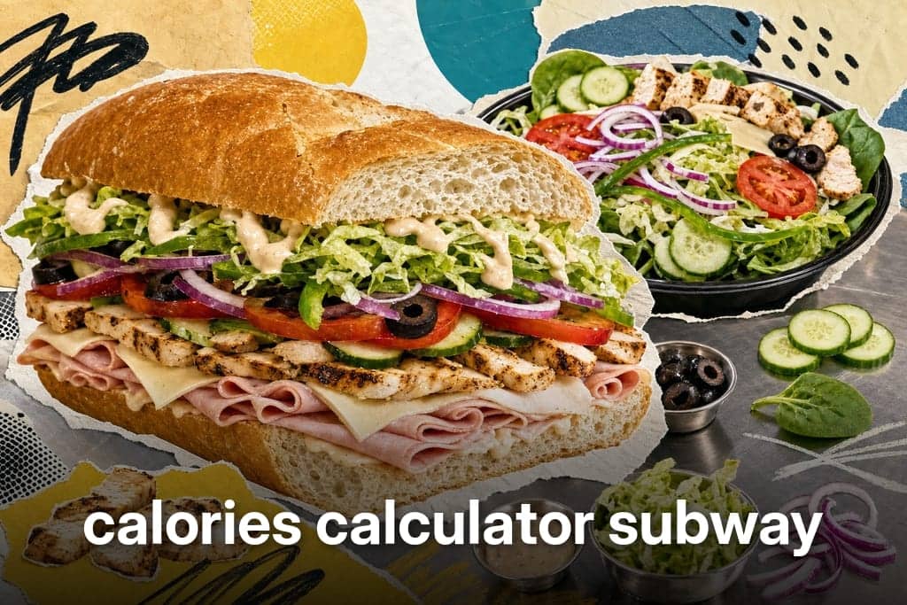 Editorial mixed-media collage of a custom-built submarine sandwich as the unmistakable central subject, shown from a dramatic front three-quarter close angle with the sandwich sliced open to clearly reveal layered ingredients in cross-section: fluffy Italian-style bread with a lightly crisp golden crust, folded turkey and ham, stacked grilled chicken strips, glossy tomato slices, cucumber rounds, shredded lettuce, red onion ribbons, green peppers, black olives, pale cheese, and a zigzag drizzle of creamy sauce, with a smaller open salad bowl pushed slightly into the background as a supporting secondary element containing the same ingredients deconstructed; arranged on a cool stainless-steel prep counter in a spotless sandwich-shop setting, with scattered cucumber slices, a few spinach leaves, and tiny measured ingredient portions placed around it for a calorie-calculator visual feel; energetic yet clean composition, off-center focal placement, strong depth, early lunchtime lighting with crisp soft shadows, fresh appetizing atmosphere, bright greens contrasted with warm bread tones and cool silver highlights, subtle teal and lemon-yellow paper accents, no characters, no humans, no text, no readable labels. Style: Editorial mixed-media collage, cut-out photographic elements with rough scissor edges layered over torn paper, halftone scraps, bold flat colour shapes and hand-drawn marks, visible glue-stick texture and paper grain, playful magazine composition, no readable text.