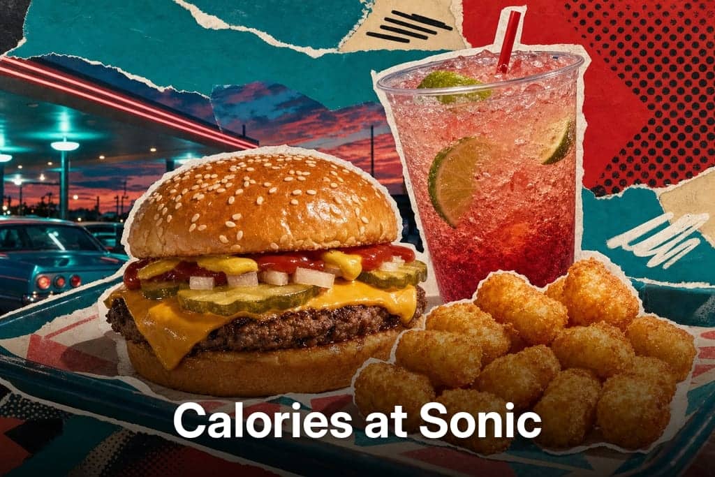 Editorial mixed-media collage of a Sonic-style cheeseburger meal as the unmistakable central subject, viewed from a dramatic low front three-quarter close angle on a retro drive-in tray table, featuring one glossy sesame-seed burger with melted American cheese, crinkled pickle slices, onions, ketchup and mustard visibly layered, beside a heap of golden tater tots and a large clear cup of fizzy cherry limeade with crushed ice, lime wheels and bright red syrup gradients, all cut-out photographic elements with rough scissor edges layered over torn paper, halftone scraps, bold flat colour shapes and hand-drawn marks, visible glue-stick texture and paper grain, playful magazine composition, no readable text, no characters, no humans, no faces, no hands, set at neon-lit dusk with a vibrant electric teal, cherry red and warm golden colour mood, energetic nostalgic atmosphere, crisp highlights, soft reflections and cinematic fast-food shine.