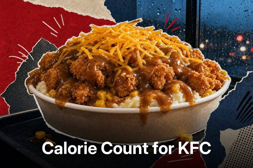 Editorial mixed-media collage of a KFC-style Famous Bowl as the unmistakable central subject, viewed from a dramatic extreme close side angle slightly below rim level, centered on a matte dark charcoal tabletop inside a moody fast-food tray setting at rainy evening blue-hour light, the bowl heaped in vivid layered strata with creamy mashed potatoes at the base, glossy golden corn kernels peeking through, crisp bite-size popcorn chicken pieces with craggy deep-golden breading, rich brown gravy cascading over the contours, and a generous crown of finely shredded melted cheddar catching subtle highlights; composition tight and cinematic with a few scattered corn kernels and tiny gravy drips near the base for realism, background softly abstracted with torn deep red, muted ivory, and smoky navy paper shapes, halftone scraps, energetic hand-drawn accent lines, visible glue-stick texture and paper grain, playful magazine layout, eye-catching contrast between warm comfort food tones and cool stormy atmosphere, no characters, no humans, no text, no readable packaging.