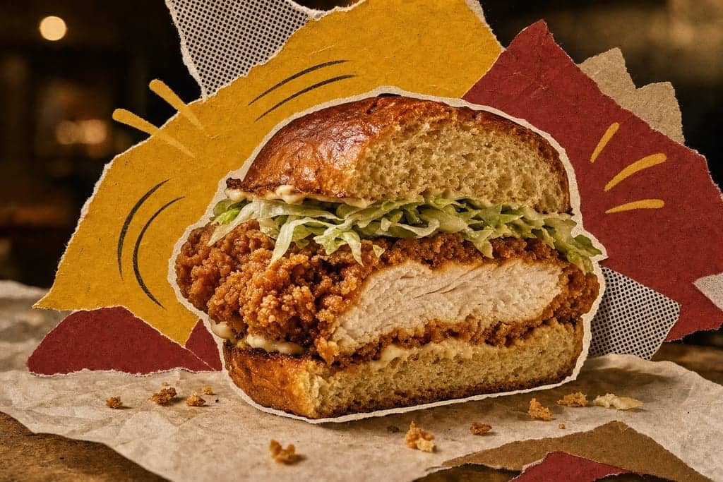 Editorial mixed-media collage of a single crispy chicken sandwich half, unmistakably the central subject, cut cleanly down the middle and stood upright with the cut face fully visible, viewed from a dramatic tight side-profile macro angle at table height on a warm off-white deli paper surface, set in a quiet late-night fast-food tabletop scene with deep amber and smoky brown tones; show a glossy toasted bun with subtle golden blistering, a thick craggy fried chicken fillet with intensely textured crunchy breading, shredded pale-green lettuce, creamy mayonnaise peeking at the edges, and a few scattered toasted bun crumbs nearby; compose it slightly off-center with bold mustard-yellow and muted brick-red paper shapes behind it, small halftone fragments, hand-drawn curved accent lines suggesting savory richness, rough scissor-cut edges, torn paper layers, visible glue-stick texture and paper grain, playful editorial magazine styling, eye-catching contrast, appetizing dramatic shadows, no characters, no humans, no text.
